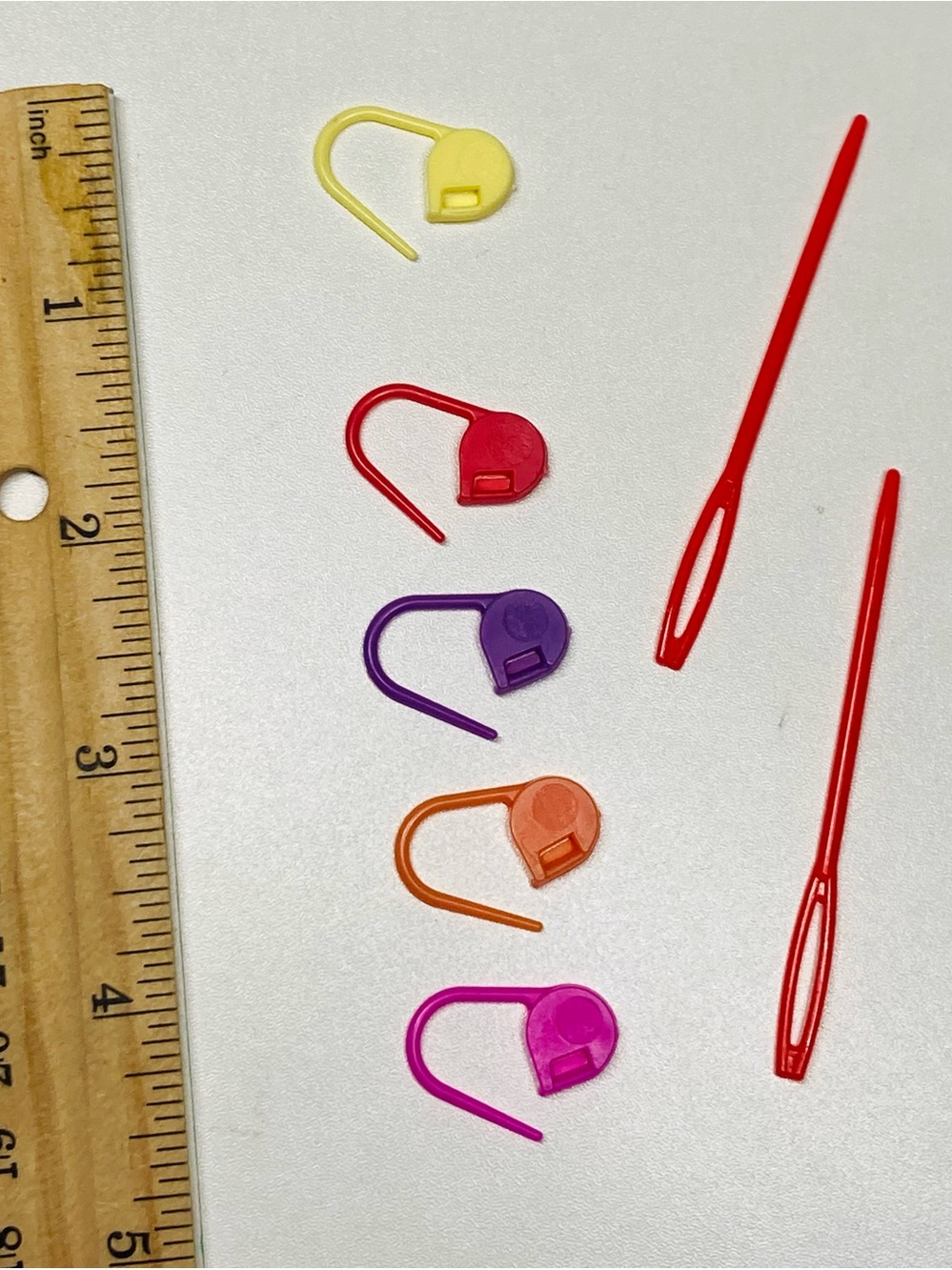 5 for $10: 5 Colorful Stitch Markers and 2 Plastic Sewing Needles Bright Colors